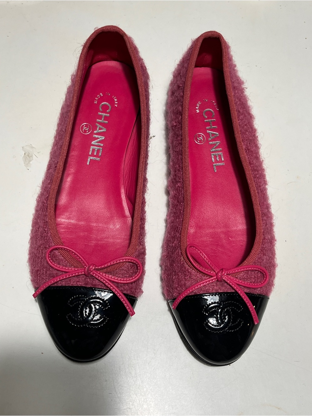 CHANEL Pink Bouclé Ballet Flats with Black Patent Cap Toe